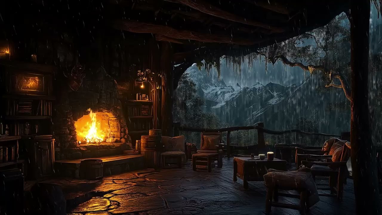 Cozy Cave with Heavy Rain and Fireplace Sounds to Sleep Instantly and Relax Deeply