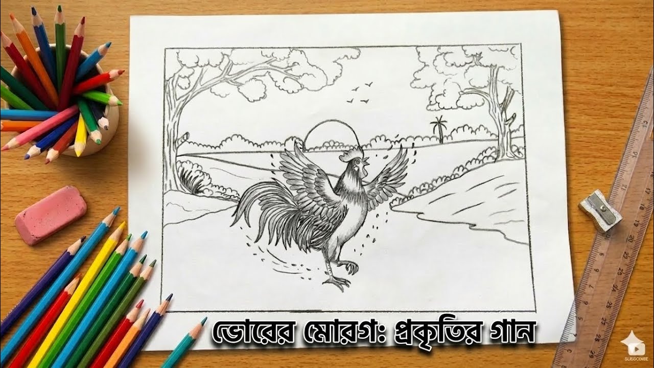 How to Draw a Rooster in a Village Scenery | পল্লী প্রকৃতির স্নিগ্ধ সকাল