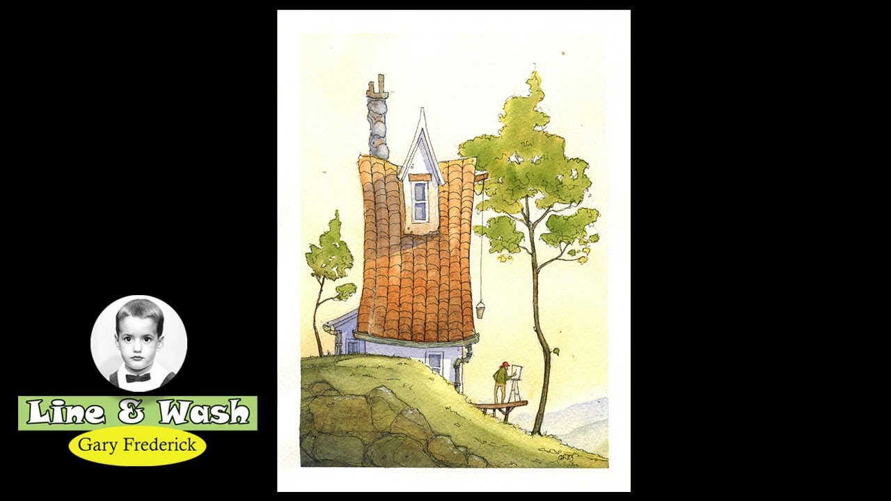 Line and wash. Simple cottage with a view.