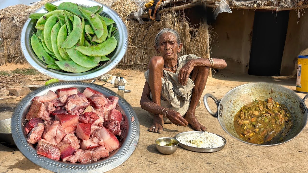 PORK CURRY with Flate Beans recipe cooking by poor old widow Grandma and eating|| Village Kitchen 