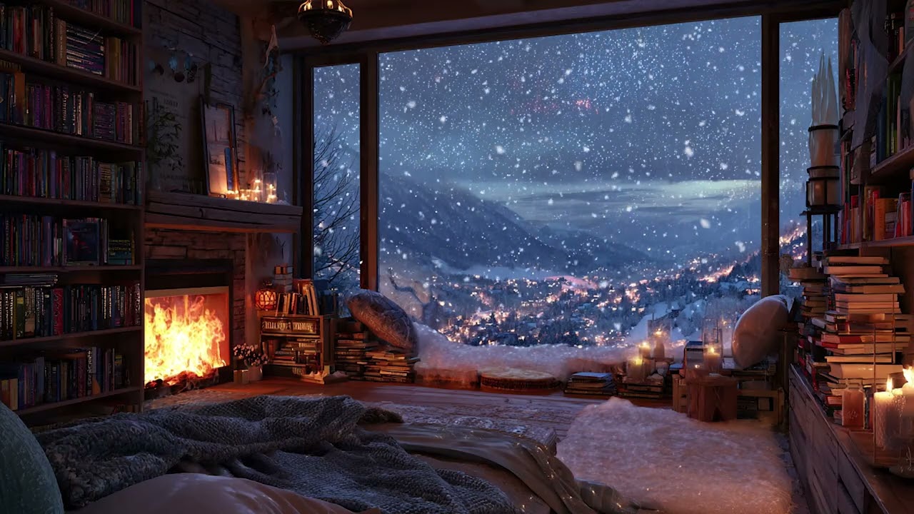 Silent Snowy Cabin Night | Warm Fireplace Crackles and Falling Snow for Deep Sleep