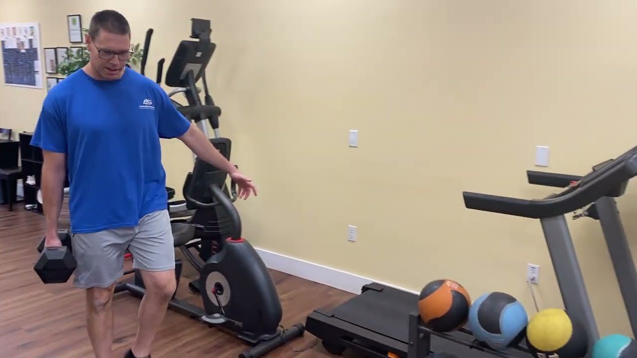 Farmer’s Carry Exercise.  Dynamic balance/fall prevention training.  Improve agility and gait.