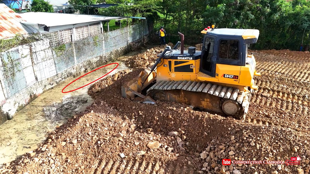 Perfect Full Landfill Process Completed! Skilled Bulldozer Removing Water & Dump Trucks Filling Land
