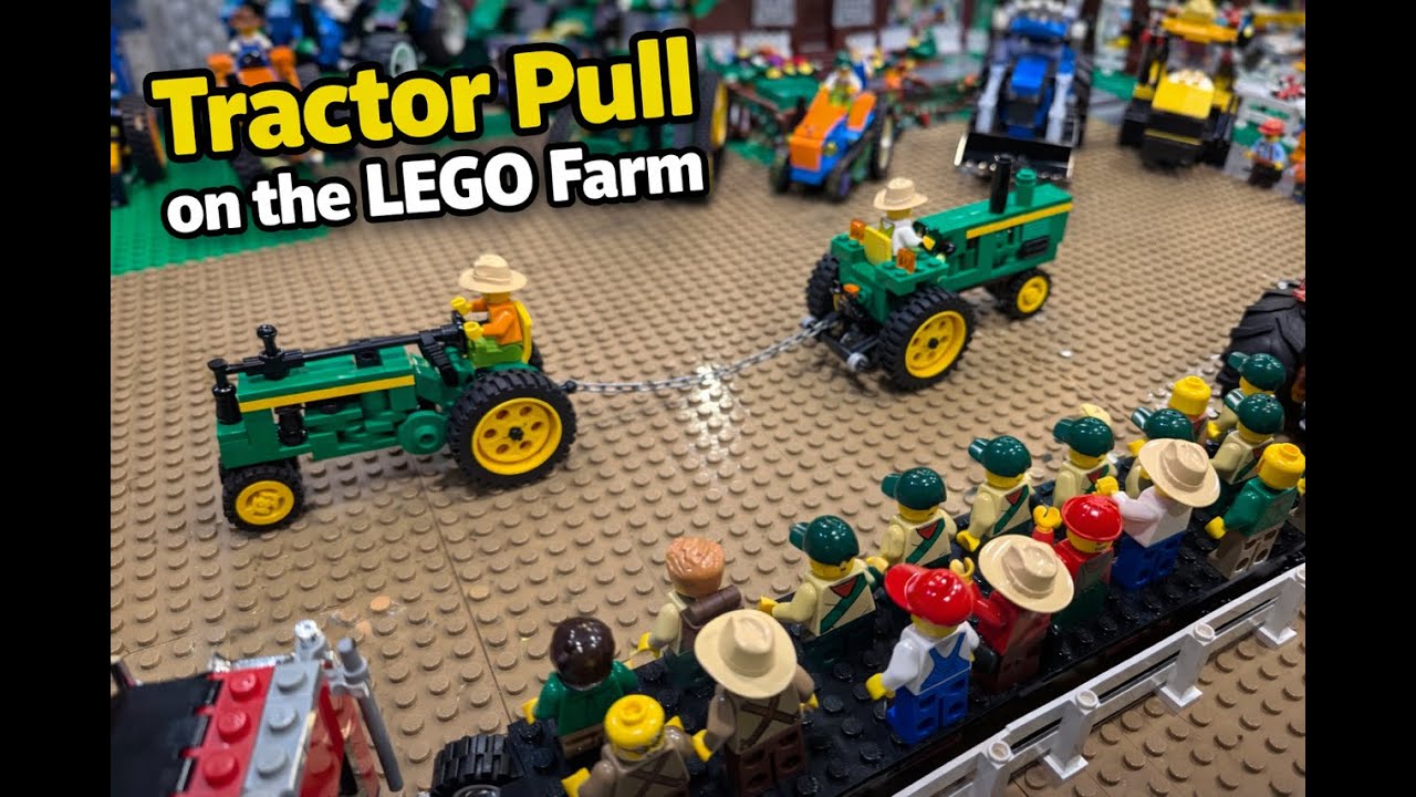 LEGO tractor pull on the farm, custom tractors from John Deere to Lamborghini. 