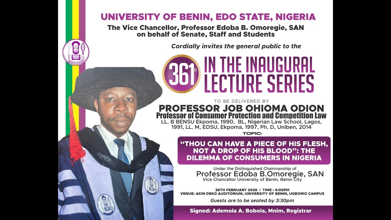 361ST INAUGURAL LECTURE SERIES, UNIVERSITY OF BENIN