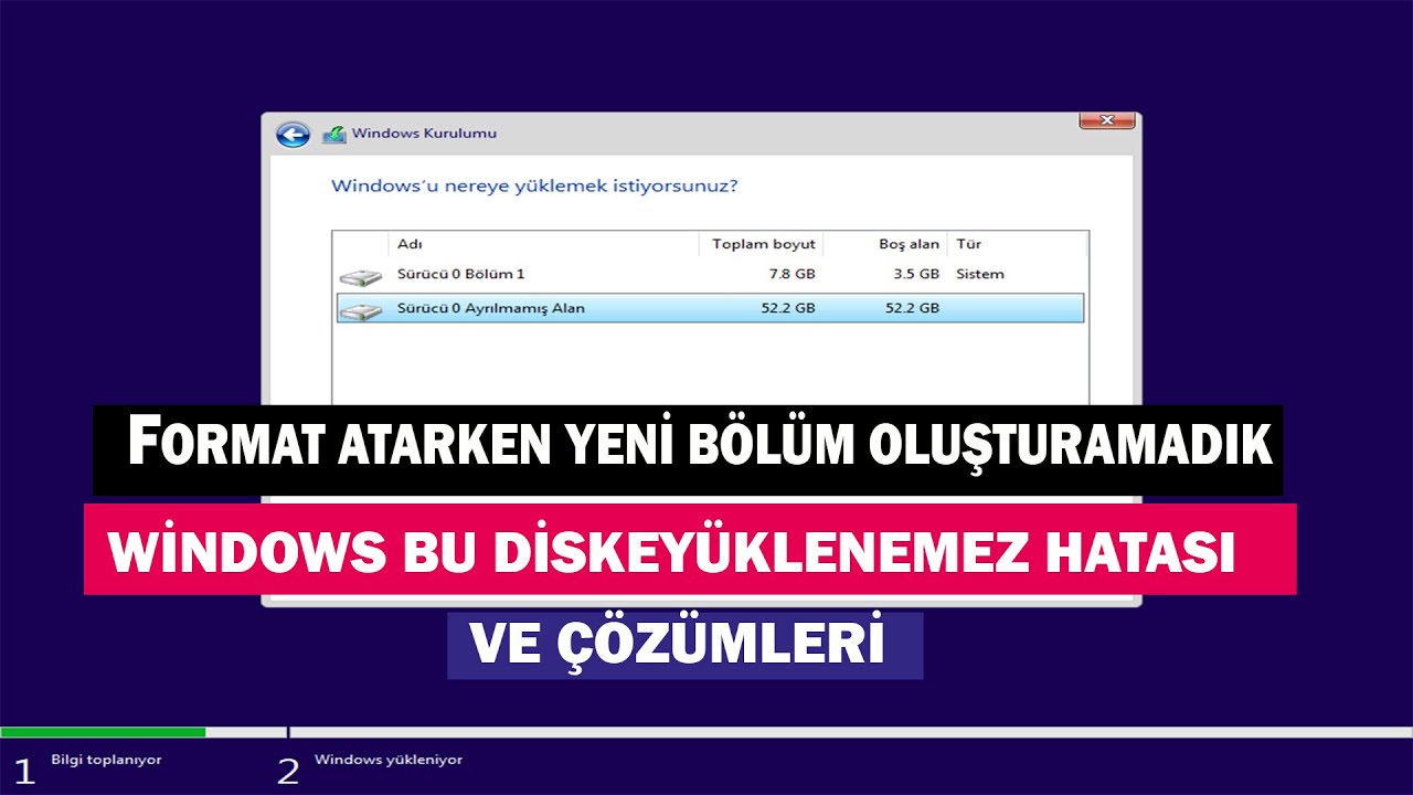 Windows Bu Diske Yüklenemez Veya Format Atarken Yeni Bölüm Oluşturamadık Hatası | windows 7-8-10-11