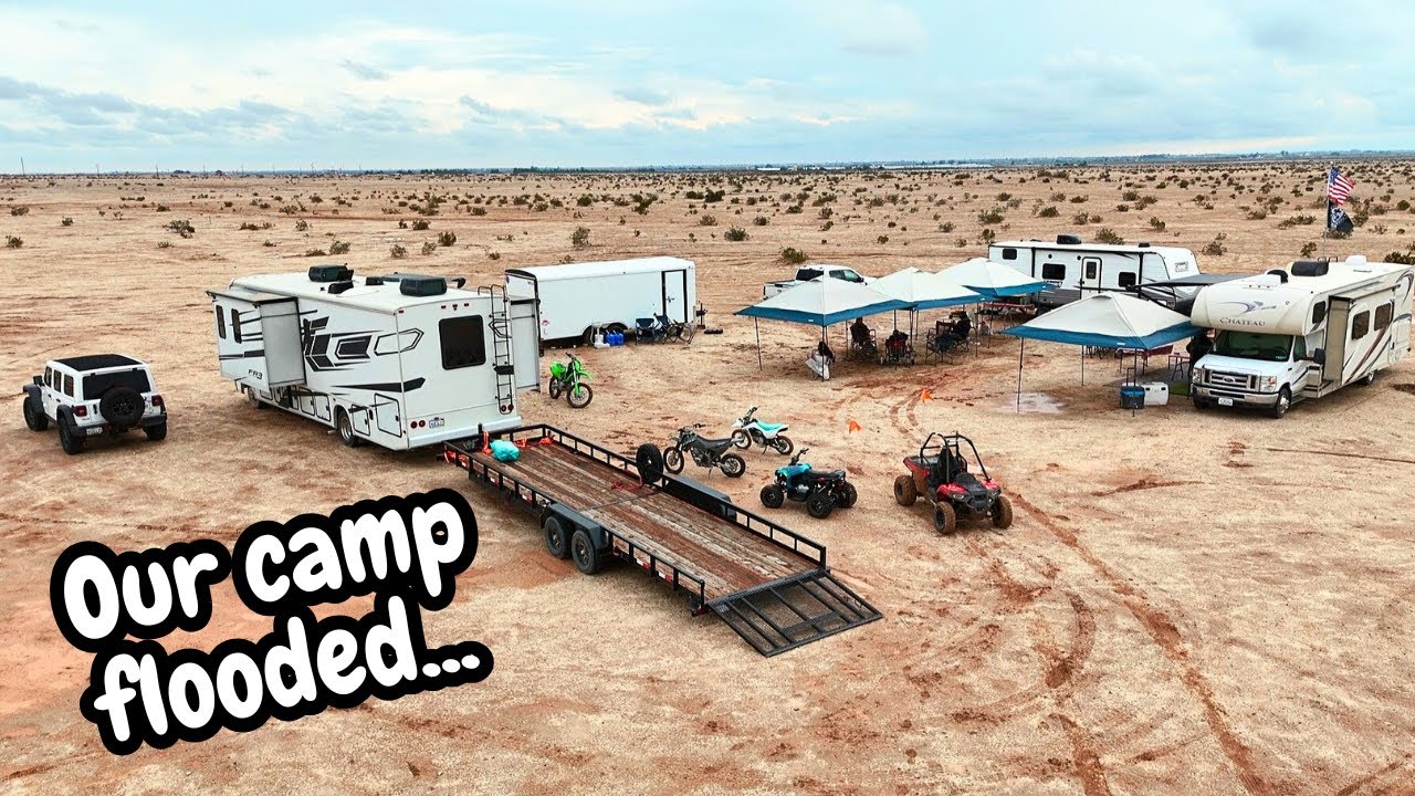 RV Camping in Class A Motorhome in Desert Rain Storm Muddy Mess