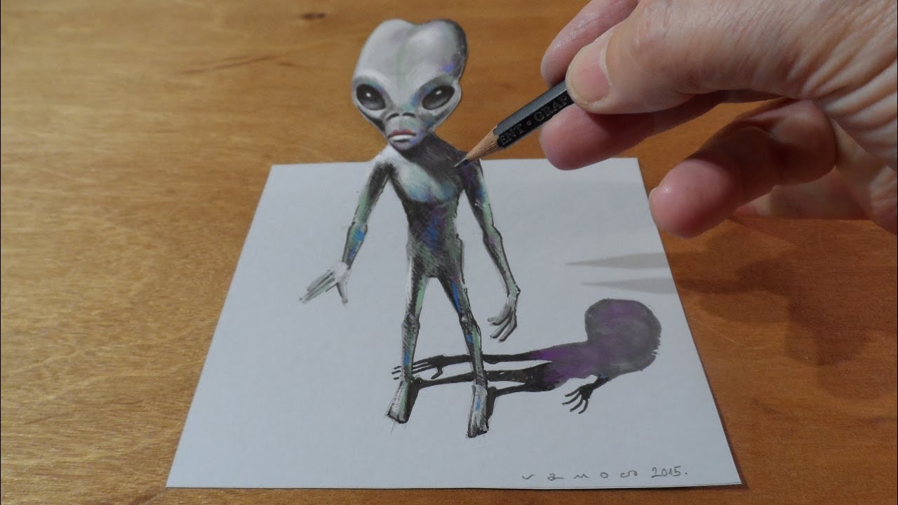 Drawing a 3D Alien, Trick Art