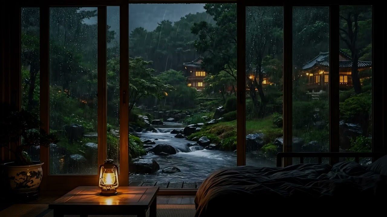 Звуки сильного дождя в уютной японской деревне 🌧️ Темный экран для сна