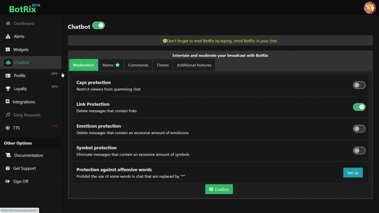BotRix Настройка сылок в чате