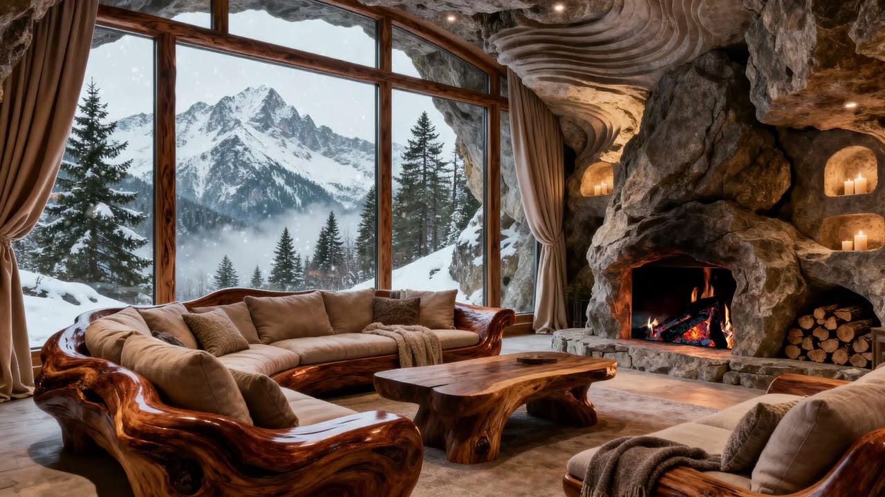 A hidden luxury living room carved into a mountain – warm fire & breathtaking snowy mountain views