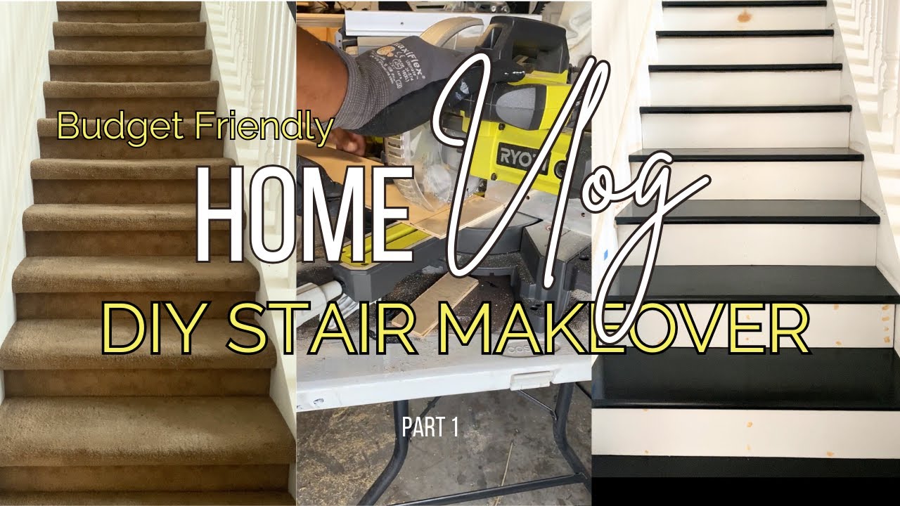 Beginner DIY Budget Friendly Stair Makeover | Carpet Removal + Wood Stain | Black + White Stairs