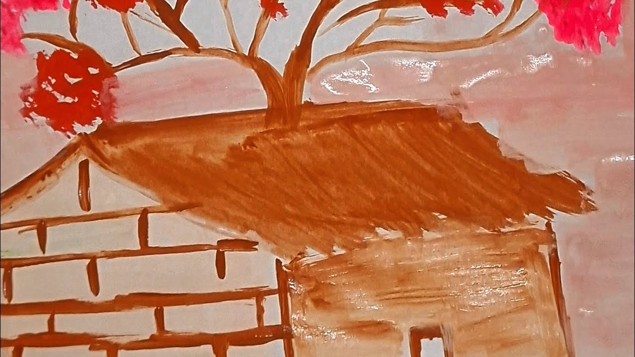 Red Blossom tree on big hut 🎪 🛖 #painting #viralvideo 