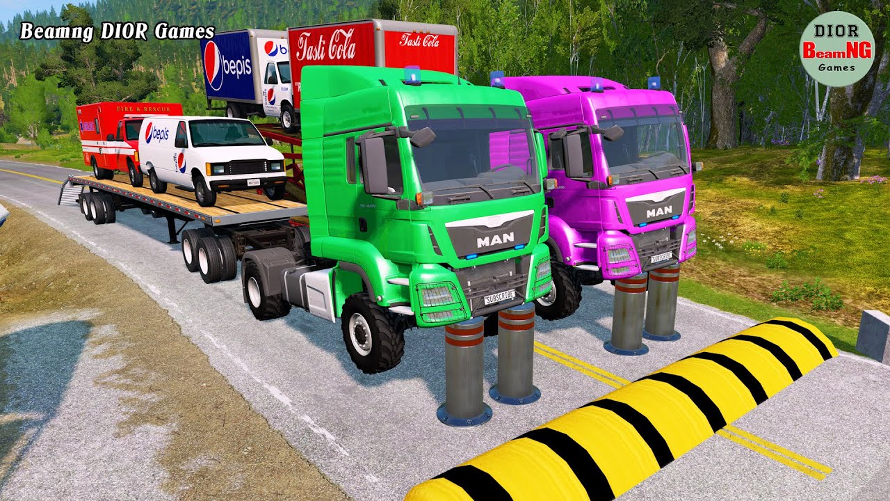 Double Flatbed Trailer Truck vs speed bumps|Busses vs speed bumps|Beamng Drive|203