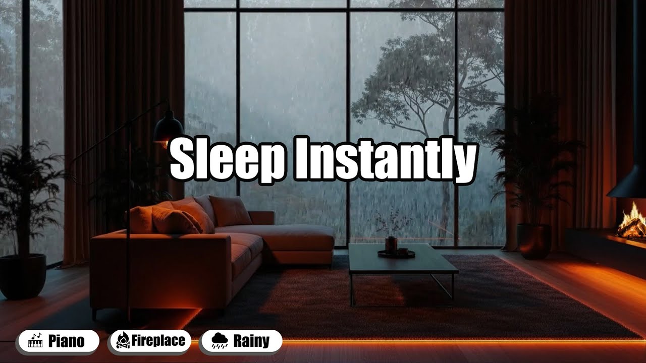 8 Hour Heavy Rain Ambience with Piano Instrumental and Fireplace for Better Sleep