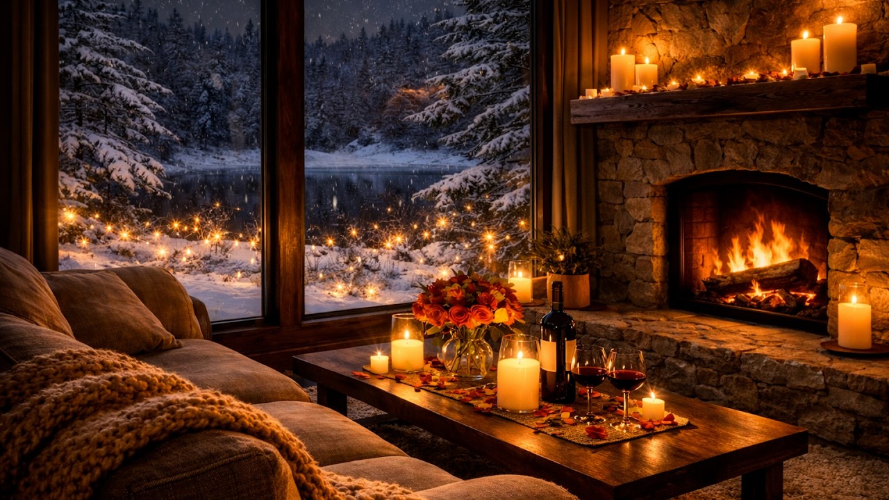Romantic Winter Cabin Fireplace • Snow Outside • Wind in the Distance • Deep Sleep • 8 Hours • 4K