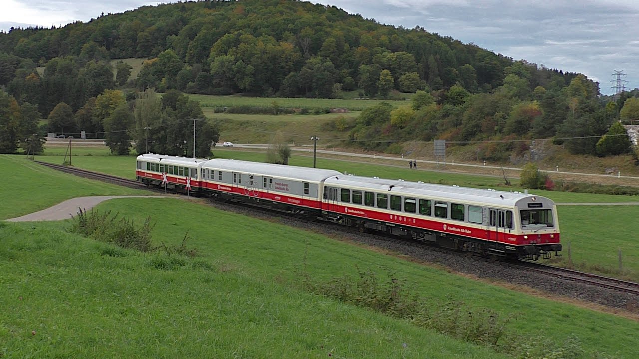 Schwäbische Alb-Bahn unterwegs mit Dampflok T3 und NE81 zwischen Münsingen und Engstingen