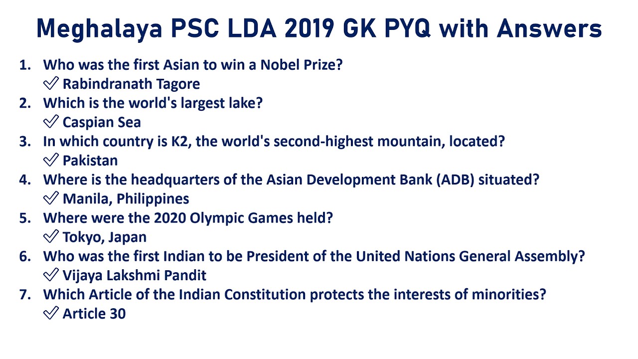 Meghalaya PSC LDA 2019 PYQ GK Quiz | Previous Year Questions with Answers