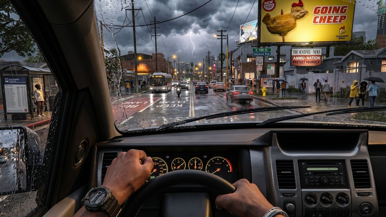 GTA V Heavy Rainfall Over the City | Cozy Drive 10 Hours