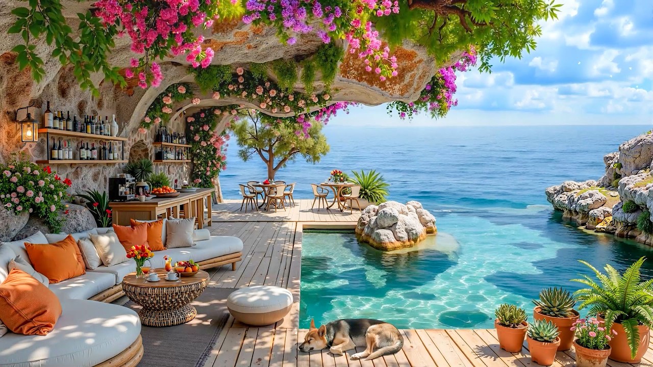 Happy Bossa Nova at Beach Cafe Ambience ~ Upbeat Morning Jazz & Ocean Wave Sounds for Work, Study