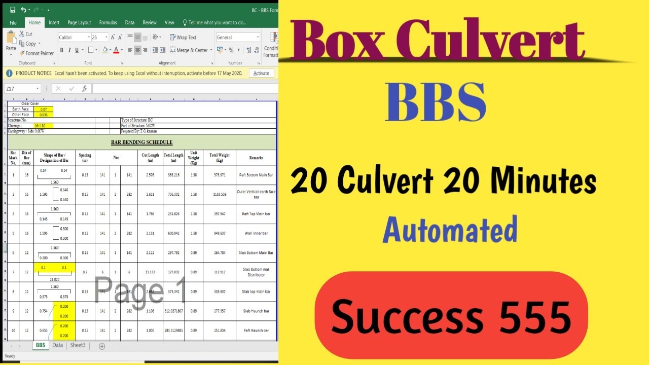 Box Culvert BBS in MS Excel / Fully Automated