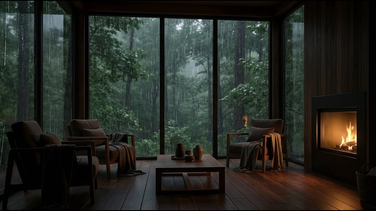 Pure Serene | Rain & Felt Piano in Modern Rustic Room with Fireplace | Relax Your Nerves 🌌🌧️