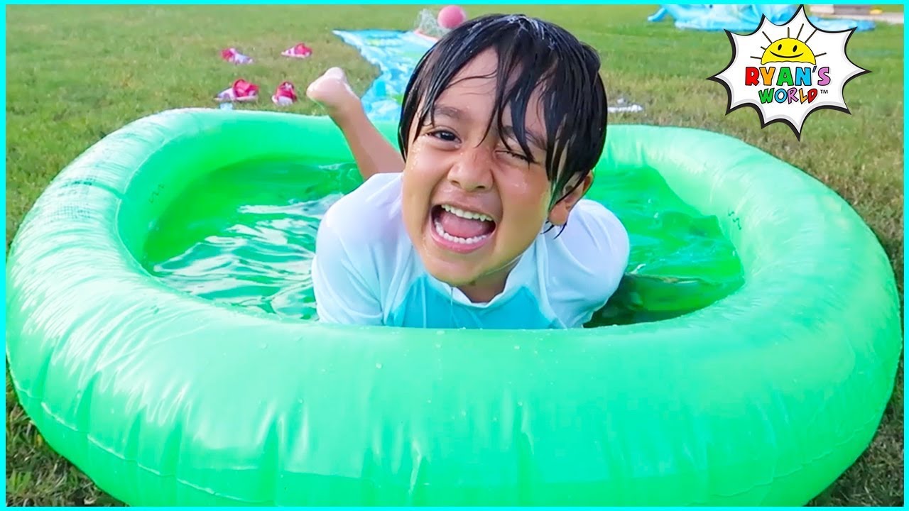 Ryan plays and slide in the slime Pool!!!
