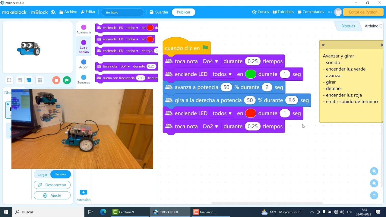5- Avanzar y girar, sonido y luces LED con el robot mBot