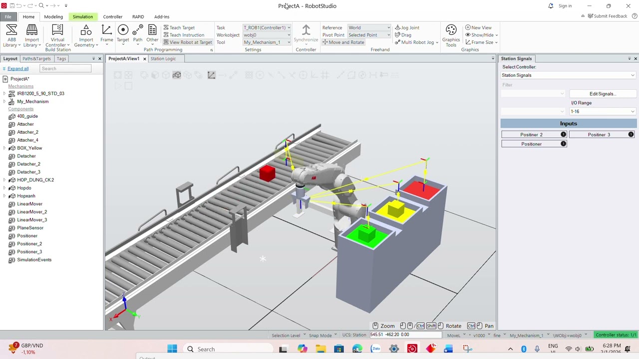 Sử dụng Robot ABB 1200 kết hợp phân loại hộp màu
