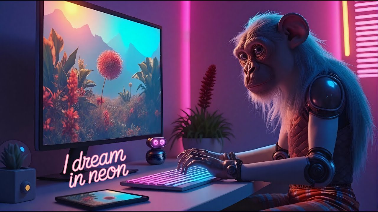Robot Dreams: Cybernetic Ape Escapes into Digital Nature (Ambient Video)