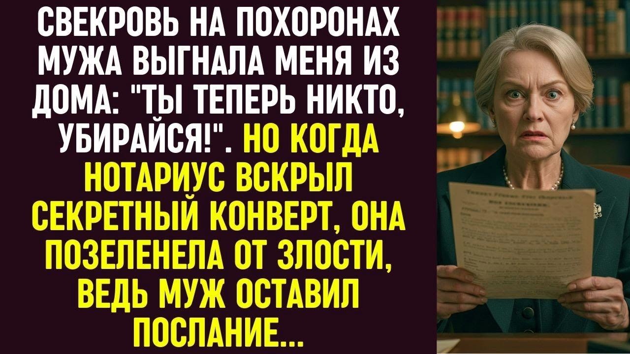 Свекровь выгнала меня после похорон мужа, но секретный конверт нотариуса изменил всё для неё.