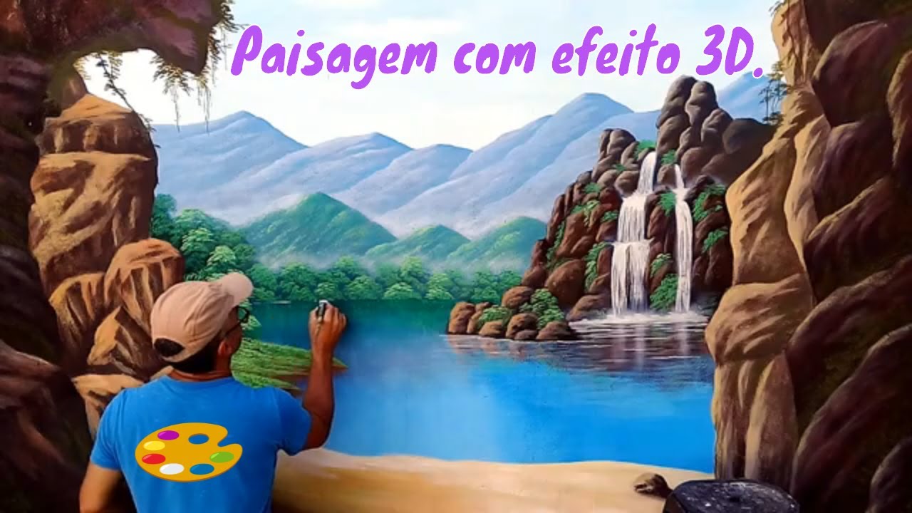 Pintura de paisagem em parede com efeito 3D.