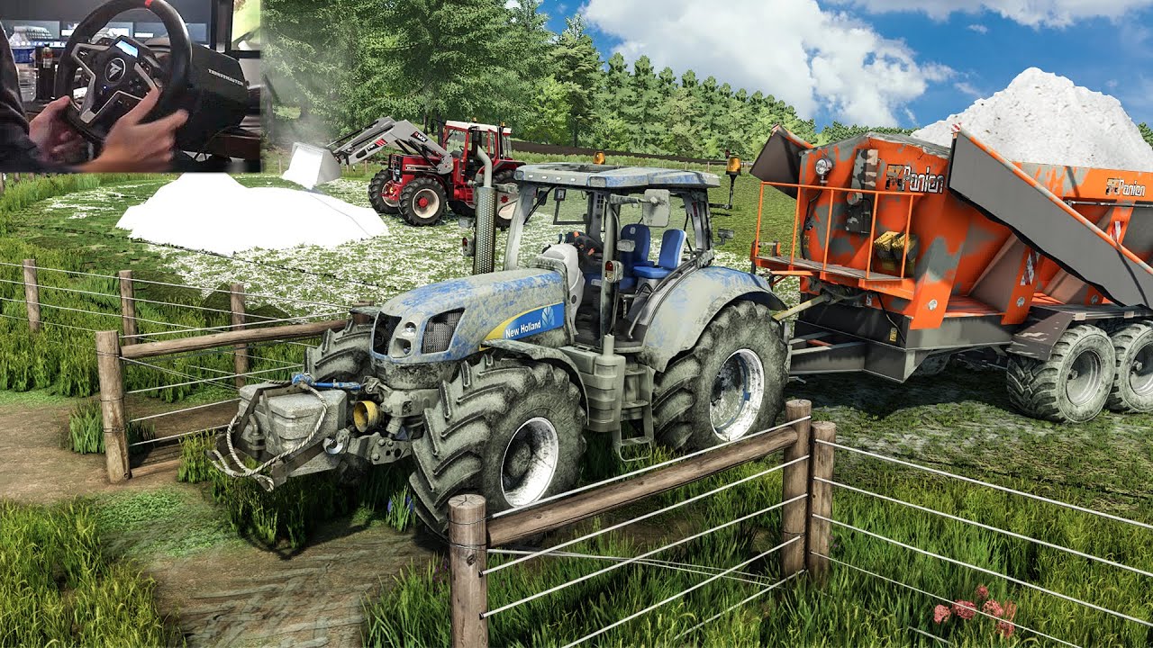 Разбрасывание извести с помощью New Holland T6080 | Геймплей FS 22 Thrustmaster T248