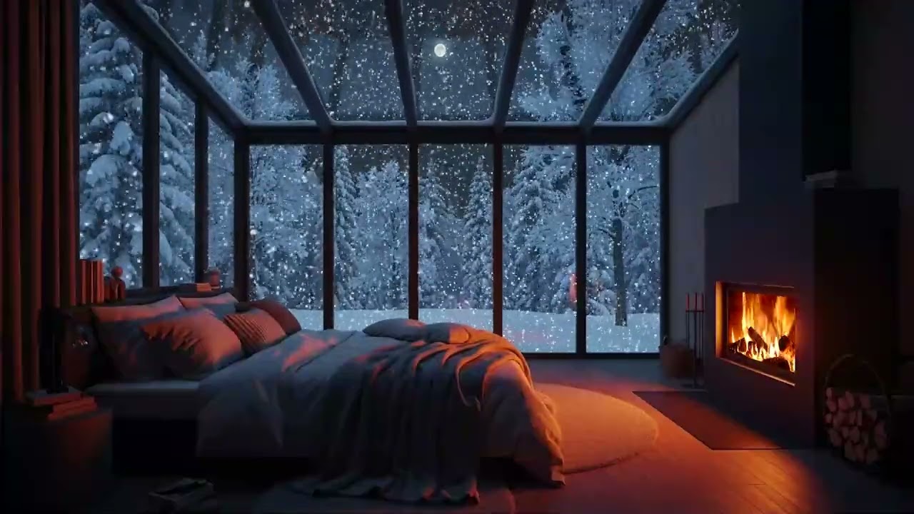 Snowy Cabin Night ❄️ Cozy Fireplace Ambience for Deep Sleep & Calm