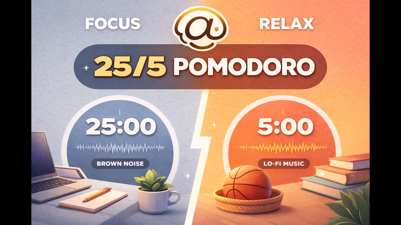Pomodoro Timer 25/5 with Brown Noise | 1 Hour Study Timer + Relaxing LoFi Break