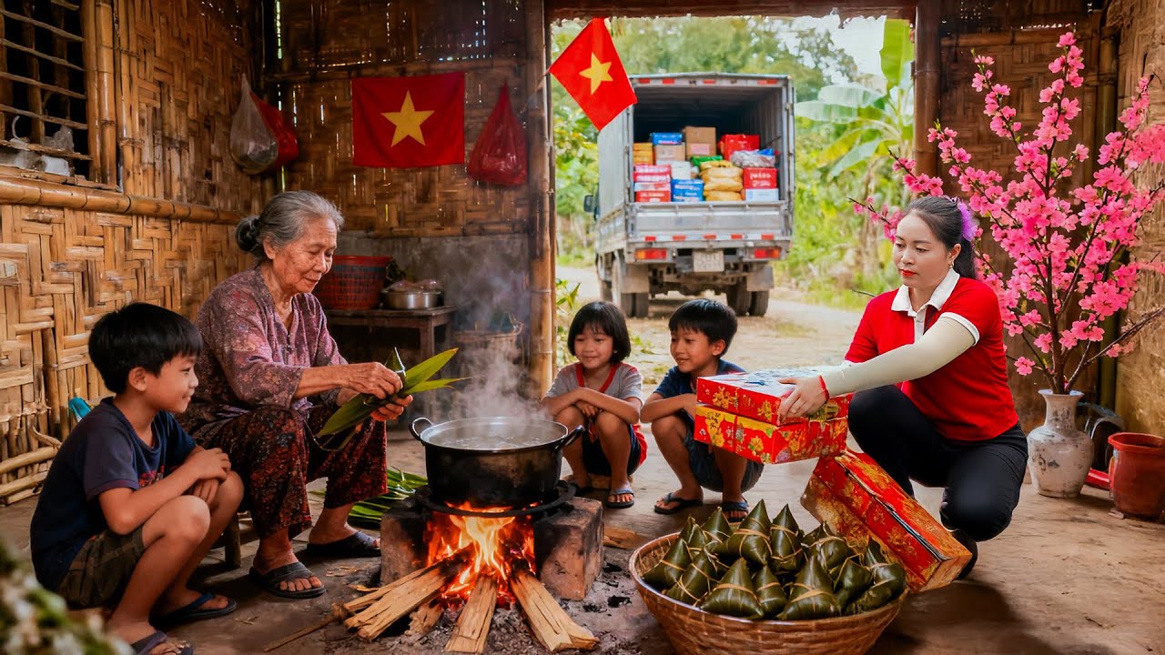 Charity Gifts for Poor Families During Tet New Year, Use Truck Transport Buffalo Go To Market Sell