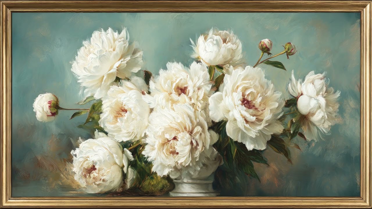 Vintage White Peonies Painting | TV Art with Gold Frame | Artistic Screensaver | 8 Hours