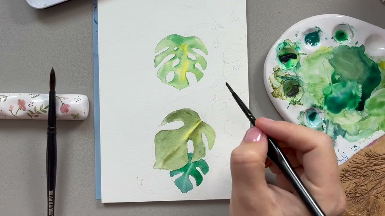 Monstera Plant Leaves – Painting with Green Leftover Watercolours