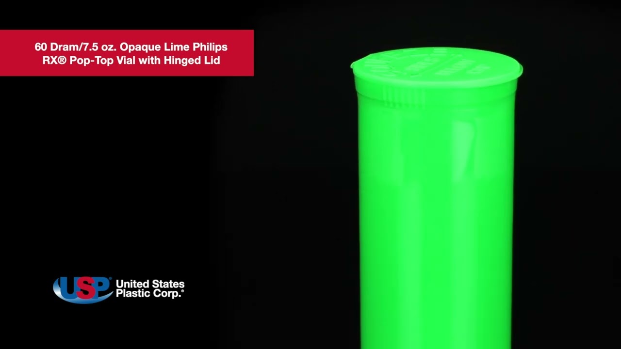 60 Dram Opaque Lime Philips RX&reg; Pop-Top Vial with Hinged Lid | U.S. Plastic Corporation&reg;