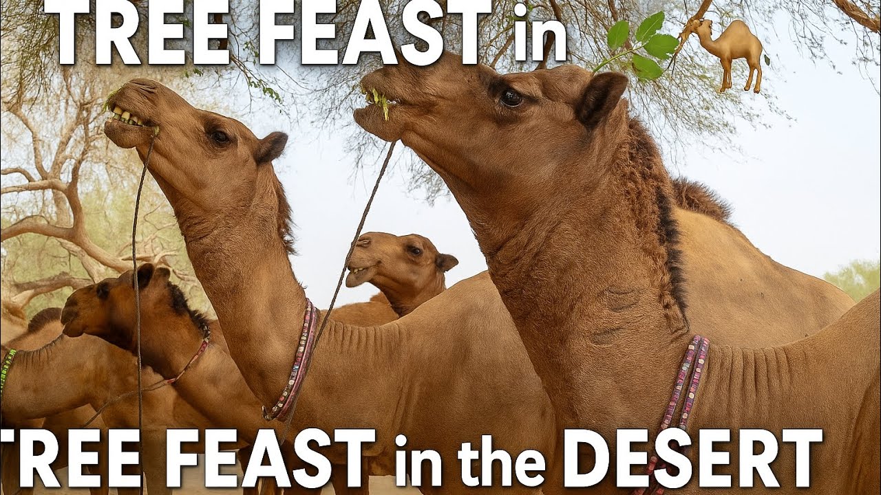 Hungry Camels Reaching for Tree Leaves |Desert Life