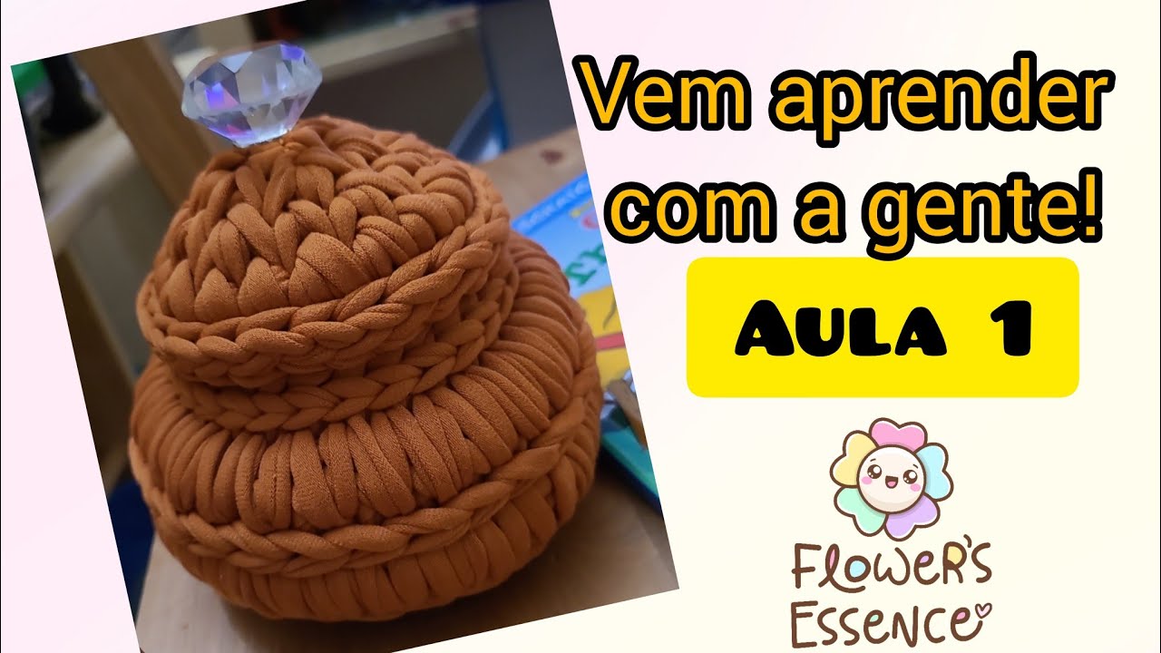 Vem aprender esse lindo porta copo e porta joias de croche com fio de malha para iniciantes