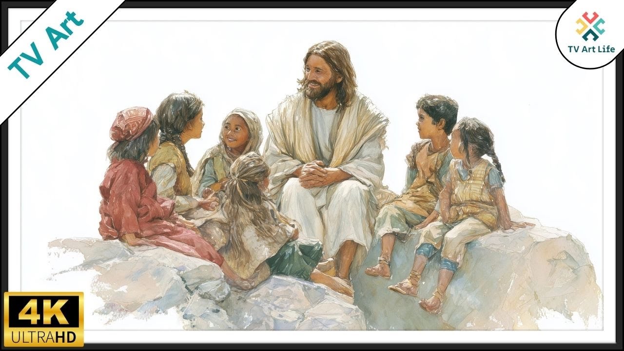 Savior With Children Watercolor Painting Frame TV Art | Christian Home Decor | 10 Hours