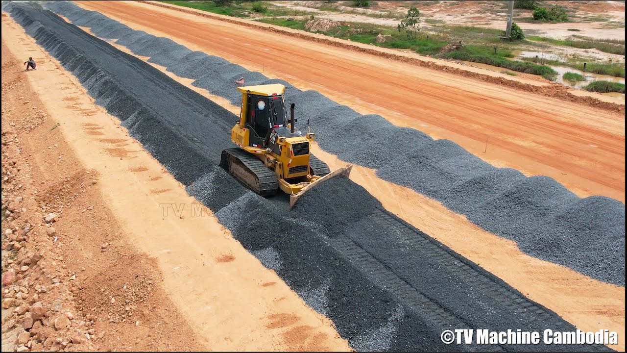 Incredible Skills Operator Bulldozer Spreading Gravel Building Foundation Road ចាក់ថ្មមិចធ្វើផ្លូវ