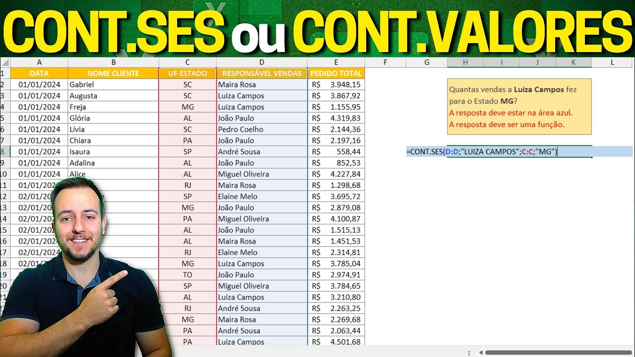 Teste de Excel Resolvido na Prática | Função Cont.SES para Entrevista de Emprego e Dia a dia