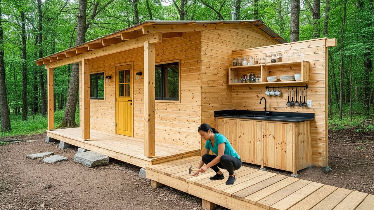 The Talented Woman Builds a Stunning Kitchen Using Only Raw Wooden Logs.