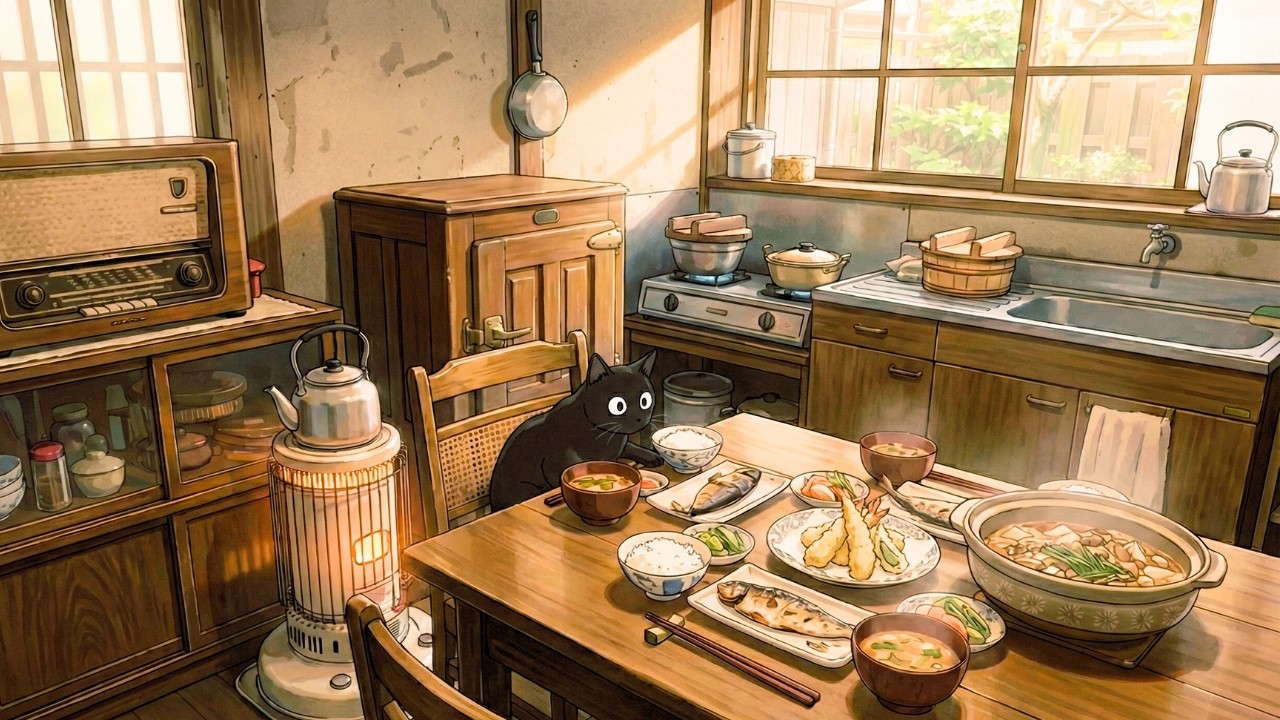 Peaceful 1940s Japanese Jazz playing in another room ☕ Cozy Retro Kitchen Ambience for Study