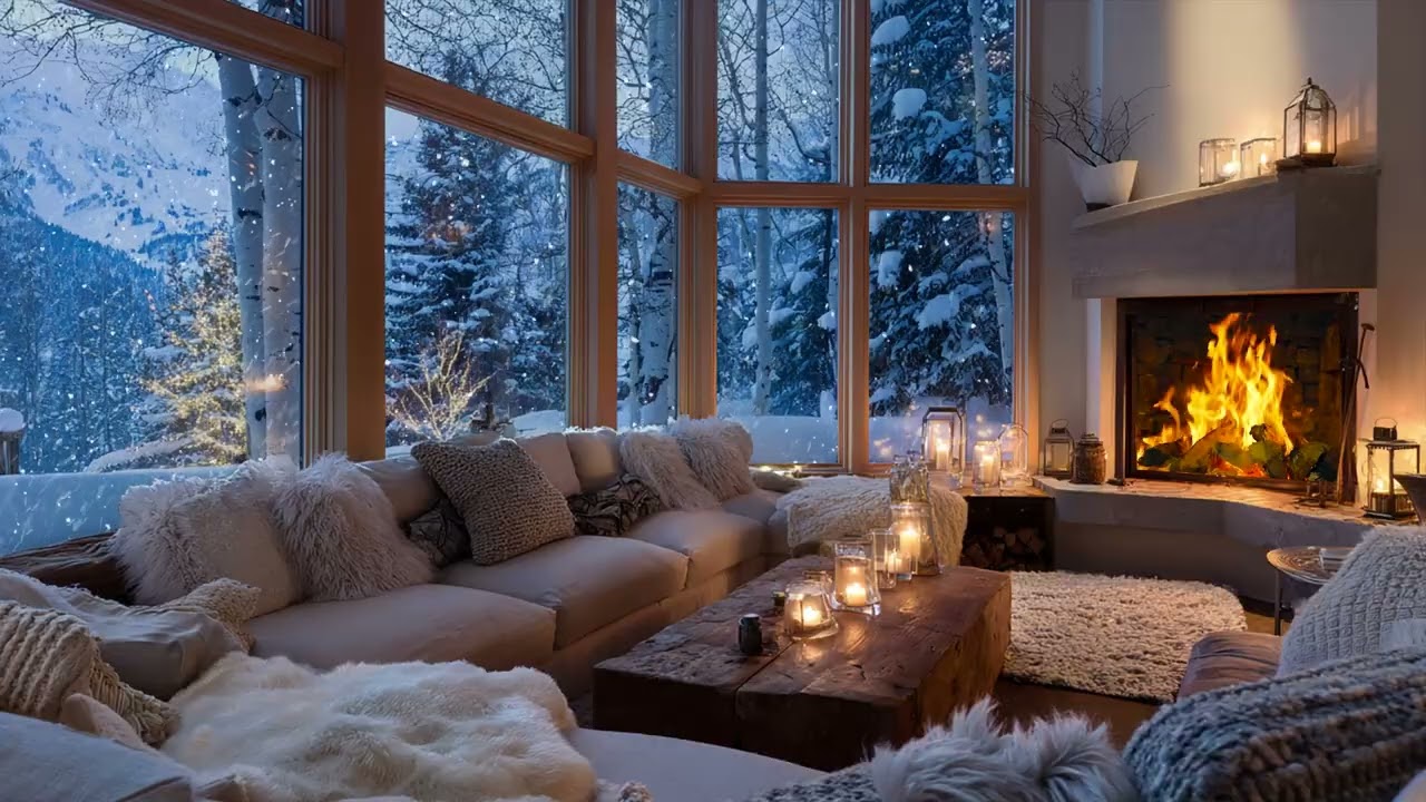 Falling snow softens distance ☕ as indoor light holds the cold far outside tonight
