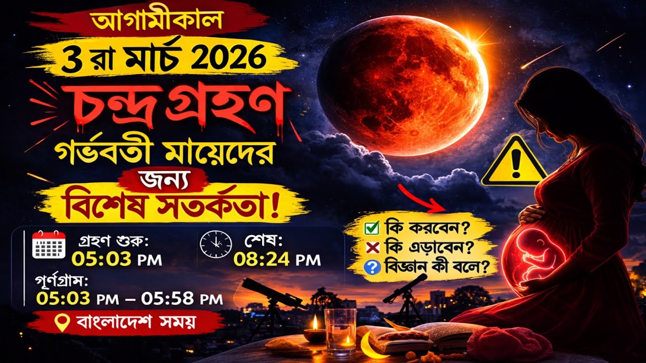 আগামীকাল ৩রা মার্চ চন্দ্রগ্রহণ ২০২৬: গর্ভবতী মায়েদের জন্য বিশেষ সতর্কবার্তা ও পালনীয় নিয়ম!