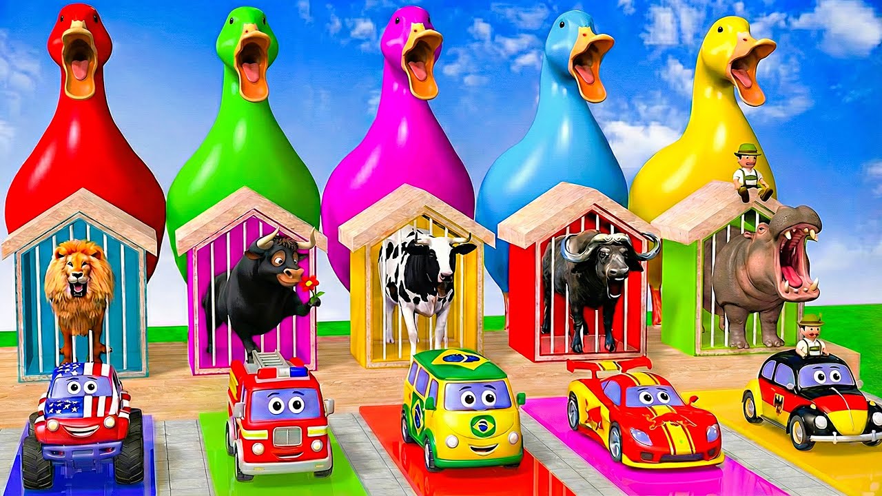 Long Slide Game With Cow Elephant Gorilla Hippopotamus Tiger - 3d Animal Game - Funny 3d Animals