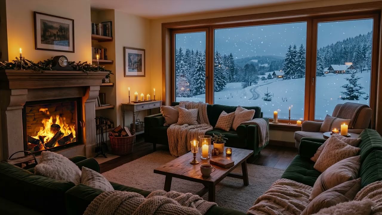 Cozy Living Room 🏡 Fireplace Glow While Silent Snow ❄️ Covers The Pines Outside